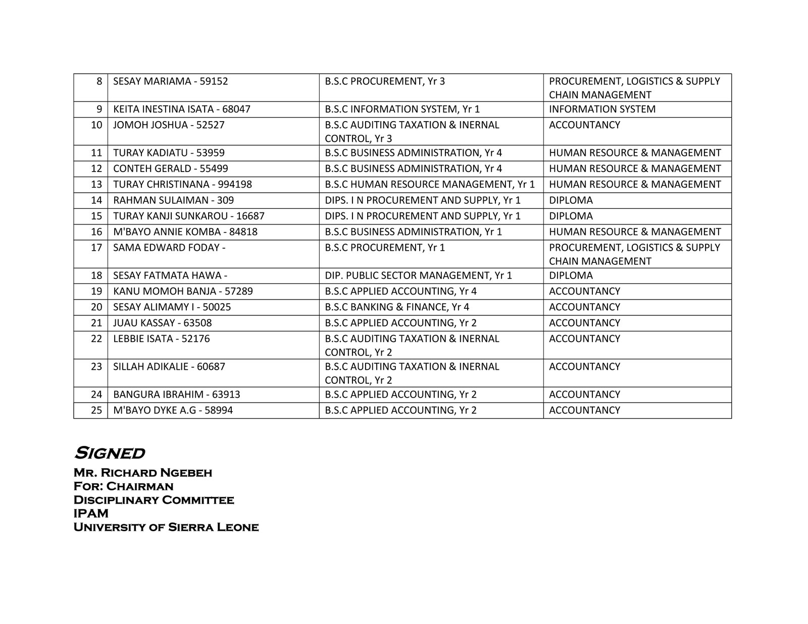 RESCHEDULING OF DISCIPLINARY HEARING FOR 2025/26 FIRST SEMESTER