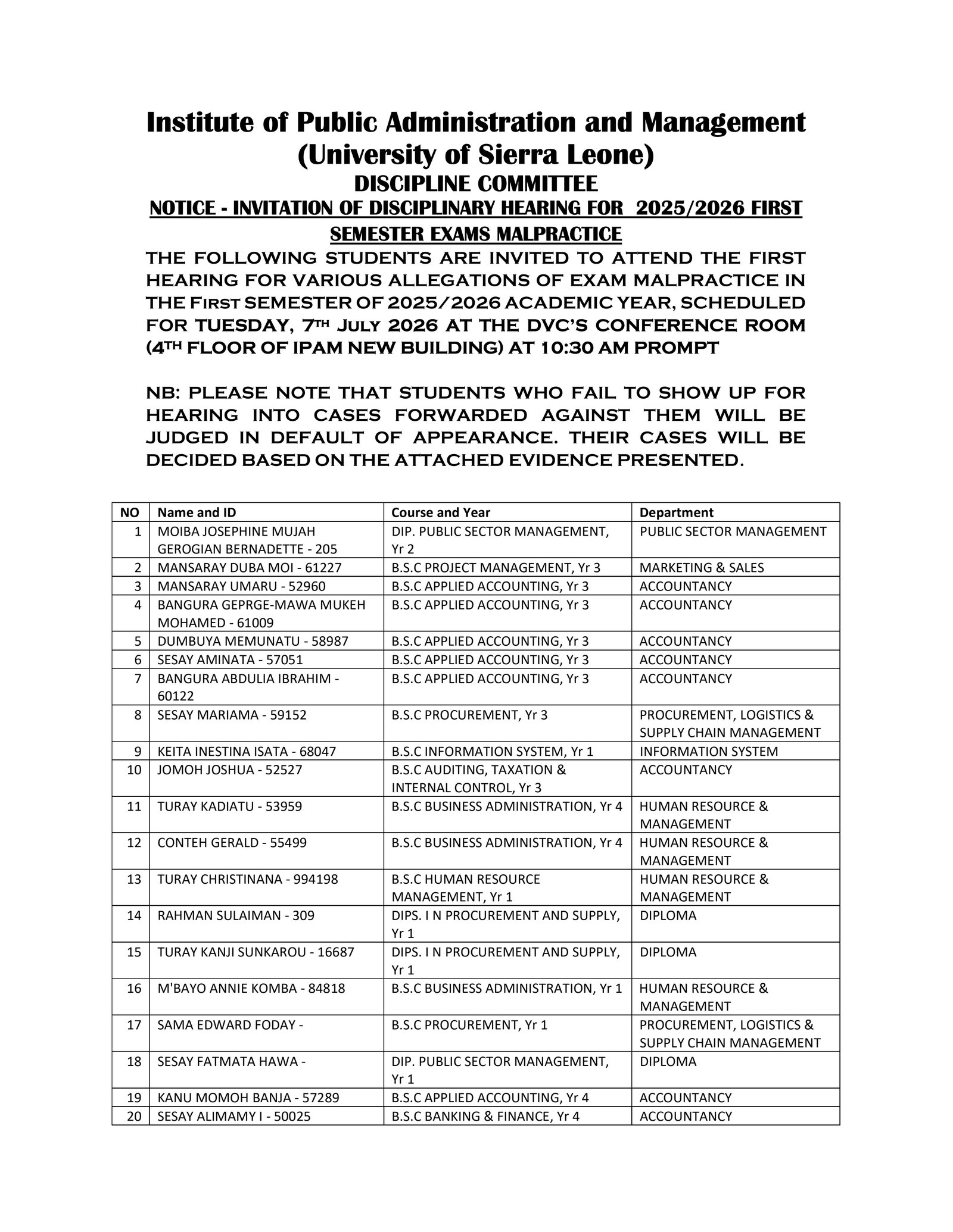LATEST UPDATE ON SUMMONS OF STUDENTS OVER ALLEGED EXAM MALPRACTICE