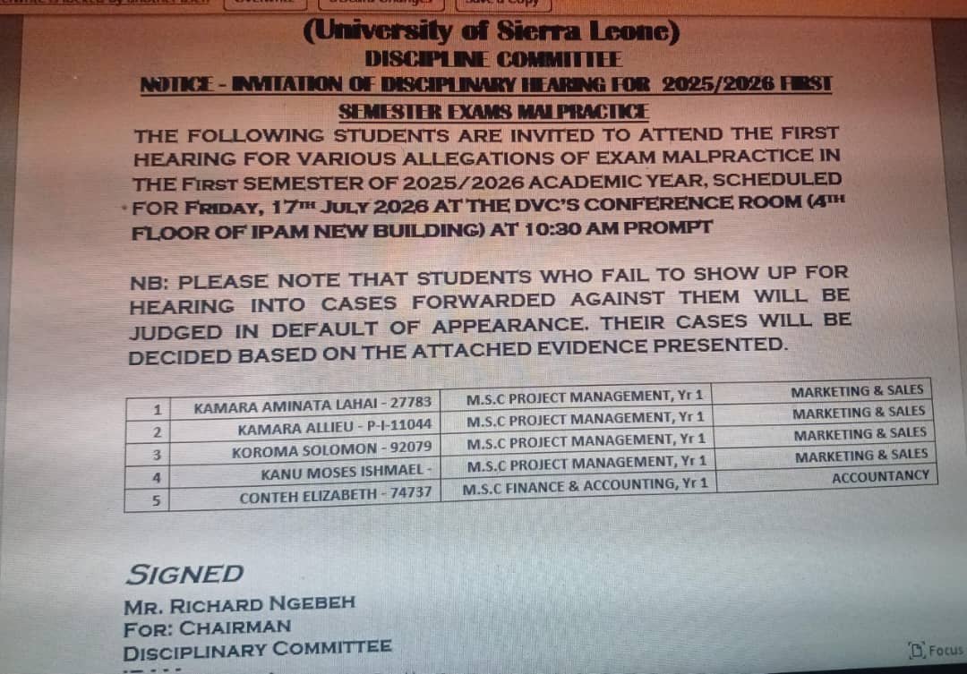 University of Sierra Leone Invites Five Postgraduate Students to Disciplinary Hearing Over Alleged Examination Malpractice