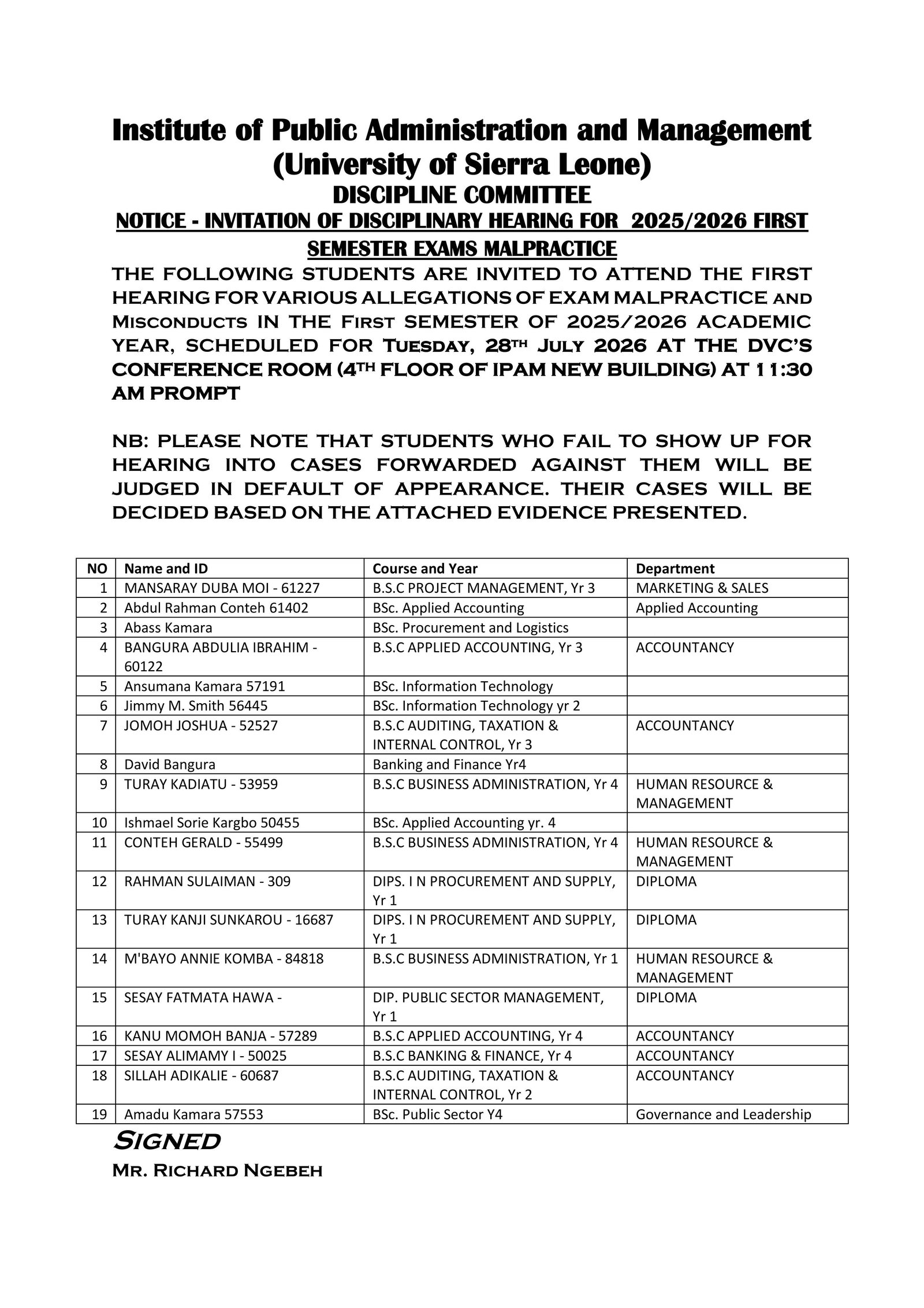 IPAM Invites 19 Students to First Disciplinary Hearing Over Alleged First Semester Exam Malpractice